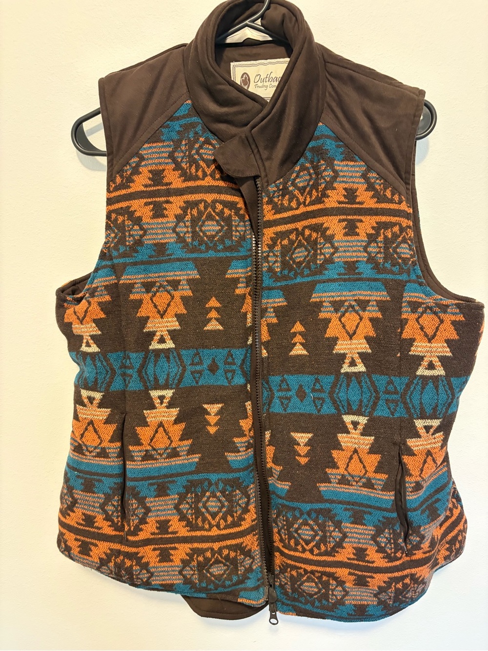 Outback Heritage Brown Tribal Fleece Vest with Teal & Orange Pattern